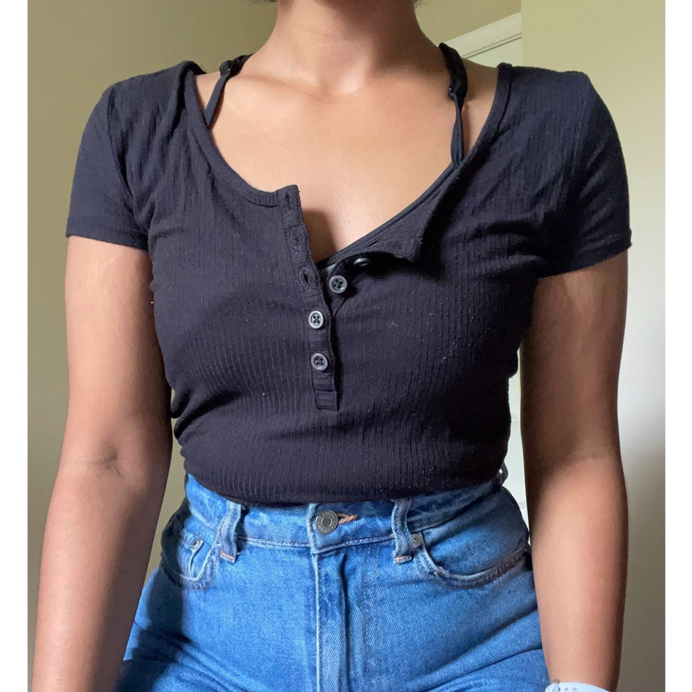 Black ribbed Henley bodysuit